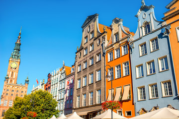 Morning view on the central street with town hall in the center of the old town of Gdansk, Poland © rh2010