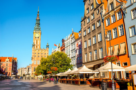 Morning view on the central street with town hall in the center of the old town of Gdansk, Poland