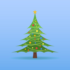 Decorated Christmas tree with colorful baubles and star on the top on blue background. Flat style vector illustration.
