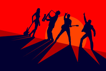 Silhouettes of musicians on a red background
