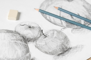 Two pencils lie on the drawing of apples