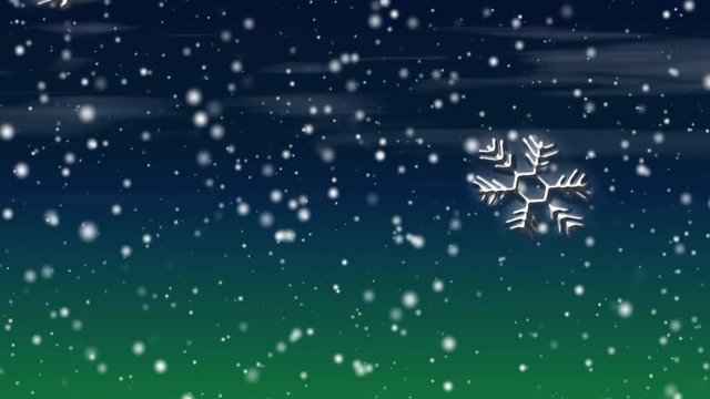 Seamless loop features ornamental snowflakes, some quite large, falling over an abstract background of green and blue.
