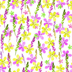 Seamless floral pattern with watercolor yellow pink flowers and leaves in vintage style on white background. . Hand made. Ornate for textile, fabric, wallpaper. Nature illustration. Painting elements.