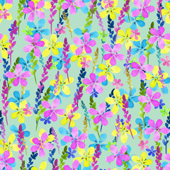 Seamless floral pattern with watercolor blue pink yellow flowers and leaves in vintage style on  background. . Hand made. Ornate for textile, fabric. Nature illustration. Painting elements.