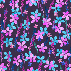 Seamless floral pattern with watercolor blue pink flowers and leaves in vintage style on violet background. . Hand made. Ornate for textile, fabric. Nature illustration. Painting elements.