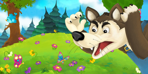 Cartoon scene with wolf on the meadow - illustration for the children