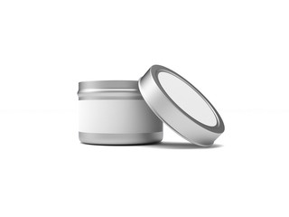 Small round tin box with open lid on white background with white label 3D illustration
