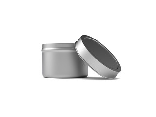 Small round tin box with open lid on white background 3D illustration