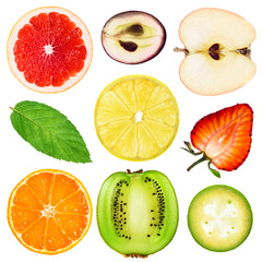 Collection of fresh fruit slices on white background. Tangerines, mint, grapefruit, kiwi, lemon, grape, pineapple guava, strawberry, apple.
