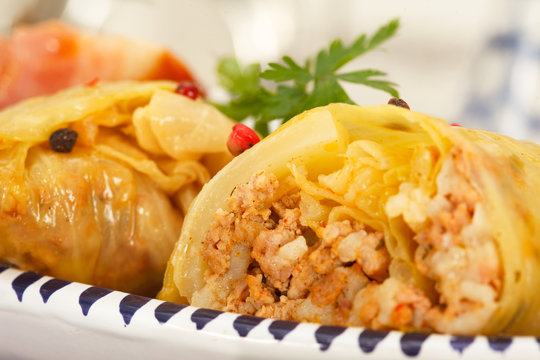 Cabbage Rolls Stuffed With Minced Meat, rice and smoked Ham Slices