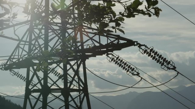 CLOSE UP: High voltage steel transmission tower behind tree branch
