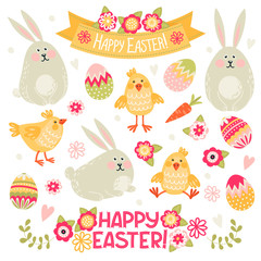 Set of illustrations with rabbits, chickens and eggs. Happy Easter!