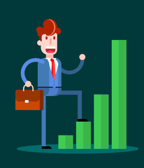 Businessman Climbing a Business Graph on Dark Background. Isolated Flat Vector Illustration.