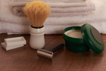 shaving tools on a wooden surface
