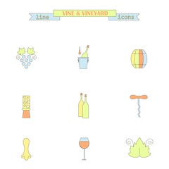 Set of color line icons with different wine elements - bottle, grape, corkscrew, vine leaf, glass, barrel. Stock vector illustration line style icon series 