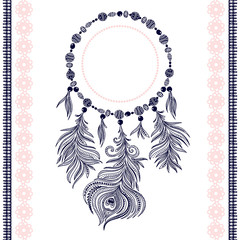 Template greeting card or invitation with feathers. Necklace with feathers. Peacock feather