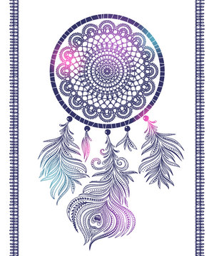 Dream catchers. Doodle drawing. Peacock feather