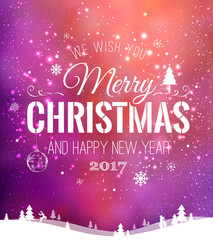 Fototapeta na wymiar Christmas and New Year typographical on background with winter landscape with snowflakes, light, stars. Xmas card. Vector Illustration