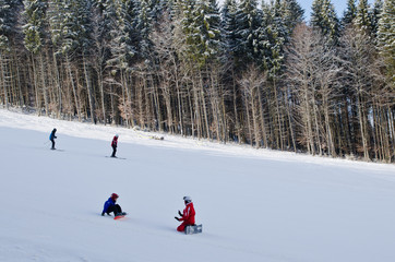 The descent from the ski slopes in the resort of Bukovel - Ukrai