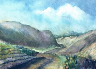 Watercolor fantasy landscape with mountains - 129954215