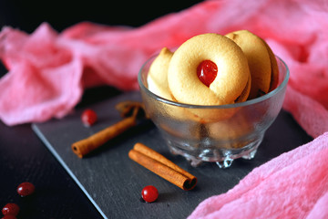 Sweet pastry dessert baked cookies with red jam filling