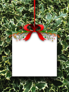 Blank square ornament frame hanged by Christmas red ribbon against green leaves background