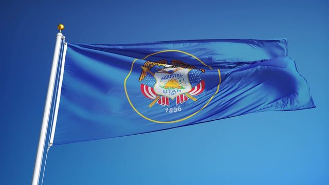 Utah (U.S. state) flag waving in slow motion against blue sky, seamlessly looped, close up, isolated on alpha channel with black and white matte, perfect for film, news, composition