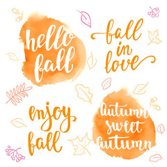 Fall handwritten brush calligraphy quote and autumn motives. Lettering and decorative leaves.