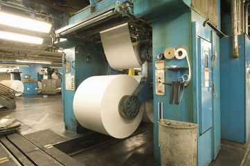 View of huge rolls of paper in newspaper factory