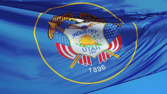 Utah (U.S. state) flag waving in slow motion against blue sky, seamlessly looped, close up, isolated on alpha channel with black and white matte, perfect for film, news, composition