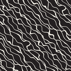 Vector Seamless Black and White Hand Drawn Diagonal Wavy Lines Pattern