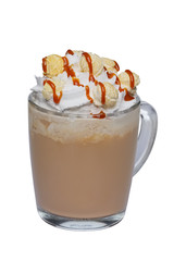 Coffee cocktail with whipped cream, popcorn and caramel in trans