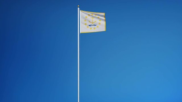 Rhode Island (U.S. state) flag waving in slow motion against blue sky, seamlessly looped, long shot isolated on alpha channel with black and white matte, perfect for film, news, composition