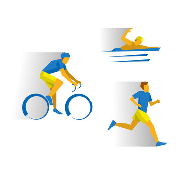 Triathlon - cycling, marathon, swimming. Athletes isolated on white background with shadows. Track-and-field athletics infographic. Simple flat style vector clip art.