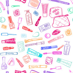 Colorful makeup cosmetic pattern with lettering.