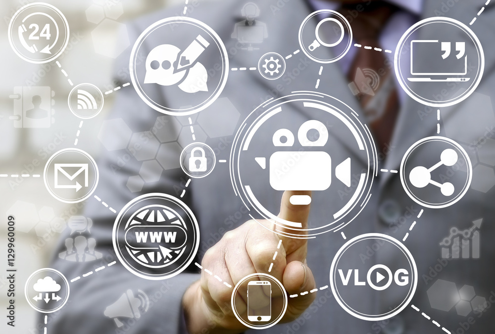 Poster man presses camcorder video blog icon on touch virtual screen on background internet vlogging sign. 
