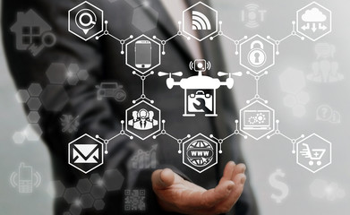 Businessman presses service drone sign. Businesswoman touched quadrocopter icon with wrench. Fly support delivery button, remote help repair control business concept. Online, buy, internet, smart home