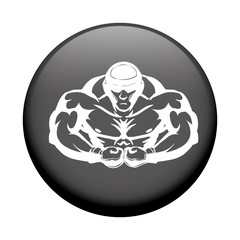 black button with Muscular man with boxing gloves icon over white background. vector illustration