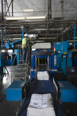 Rear view of a man working in printing press factory