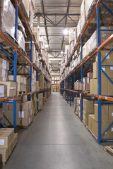 Cardboard boxes on shelves in distribution warehouse