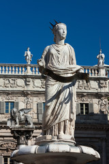 Ancient Statue of Fountain Madonna Verona on Piazza delle Erbe, Italy