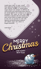 Christmas greeting card with snowman, snowfalls and text frame