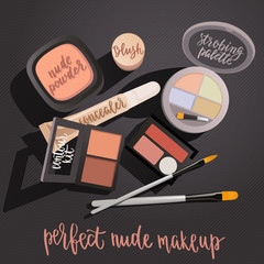 Cosmetics nude makeup set. Powder, contour kit, concealer, blush, strobing palette, brushes, handwritten lettering.