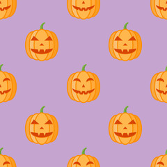 Seamless pattern with halloween pumpkins on purple background. Vector texture.