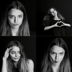 Collage. Emotional girl fooling around and enjoys life. Life to the fullest