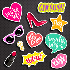 Fashion elements in patch style. Handwritten lettering and decoratuve elements.