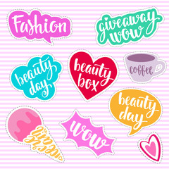 Fashion elements in patch style. Handwritten lettering and decoratuve elements.
