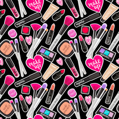 Seamless pattern fashion makeup items patch badges with speech bubbles.