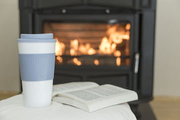 The girl in front of the fireplace in winter socks