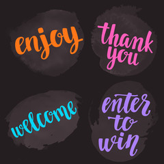 Handwritten brush calligraphy catchwords. Welcome, enjoy, thank you, enter to win.